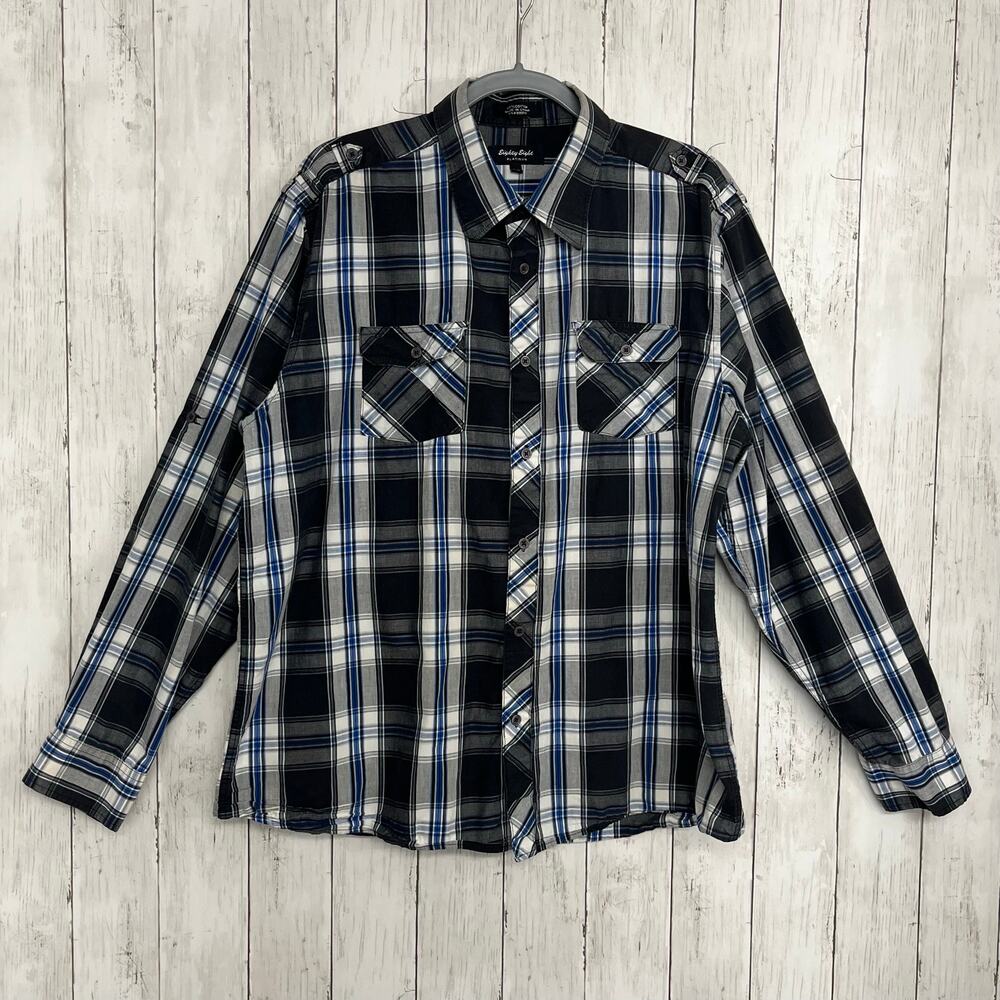 Eighty Eight Mens Short Sleeve Button Up Shirt Size 2XL Black Blue Plaid Casual